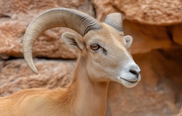 Obraz premium Close up portrait of big horn sheep highlighting majestic horns in natural surroundings