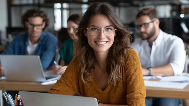 Smiling Professional: A confident professional, radiating warmth and expertise, captivates the viewer with a genuine smile as she sits in an office setting with her team.