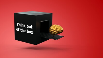 Thinking outside the box: a human brain on a walkway in empty space - 3D rendering	
