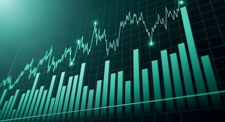 Abstract teal green financial stock market bar chart and line graph data visualization