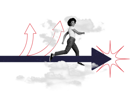 Composite trend artwork 3D sketch image photo collage of african race business trader arrow direction job heaven cloud young lady run goal