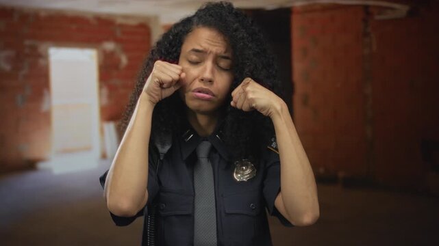 Hispanic woman police officer pressing fists to eyes in crying gesture inside an unfinished building; sadness.