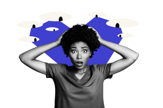 Composite trend artwork image photo collage of eye watch see peek hacker cyberspace young woman student shocked face omg headache