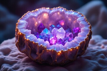 Glowing purple and blue crystal geode cavity featuring sparkling facets on a soft surface