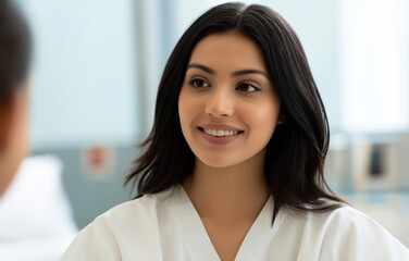 Obraz premium Nurse engages in conversation with patient in hospital room during care visit
