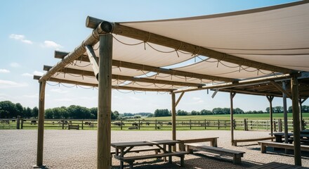 Outdoor pergola with white canopy and wooden picnic tables in a sunny field. Summer relaxation area near a farm or ranch.