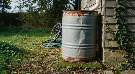Old metal barrel outside next to a wooden shed with a downspout and climbing ivy, showing rust and greenery