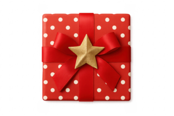 Red polka dot gift box with golden star and ribbon