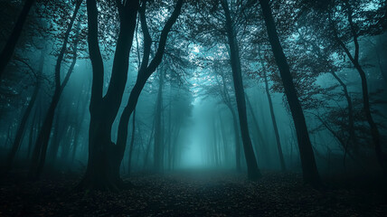 Naklejka premium Mysterious dark foggy forest at night with blue mist and eerie light through the trees. Spooky haunted woodland atmosphere for Halloween horror or fantasy background.