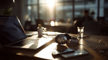 Obraz premium Workspace with laptop, headphones, and glass reflecting warm sunlight in a cozy setting