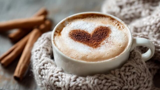 Cup of latte with heart-shaped foam art, nestled in a chunky knitted scarf with cinnamon sticks nearby.