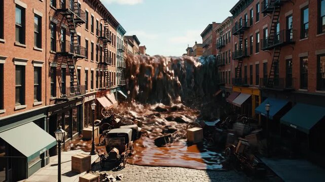 A massive wave of molasses floods a historic city street in a bizarre disaster.
