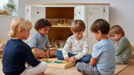 Children playing in organized playroom kids' space home play area toy room children's activity domestic play organized home family space with copy space