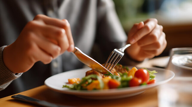 Close up of hands using fork and knife to eat meal dining action eating moment meal consumption table manners food enjoyment dining experience eating etiquette with copy