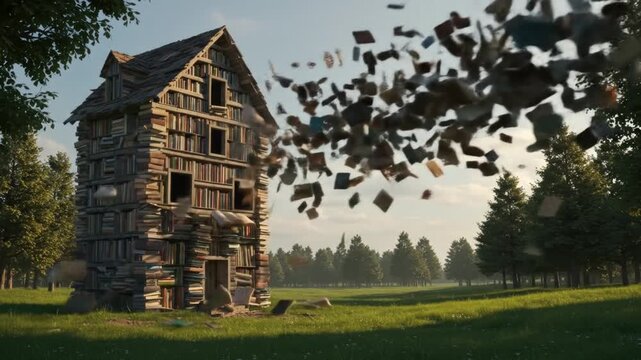 Wooden house disintegration visual effect on green field daylight scene