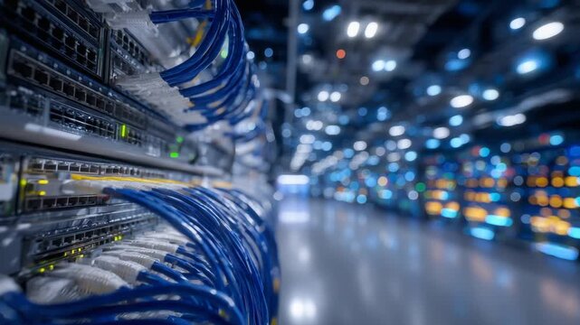 A close-up of a network switch panel with organized blue and yellow cables, showcasing active data flow through blinking lights.