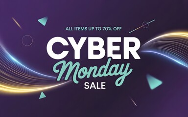 Cyber monday sale with up to 70 off all items, featuring glowing abstract light streaks and geometric shapes on a purple background