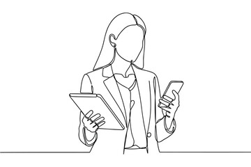 Vector art of continuous line drawing of businesswoman holding tablet and phone modern technology concept