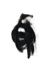 An abstract black brushstroke composition on a white background. The shapes create the impression of a closed oval with a vertical accent running through the center, as if concealing something within.