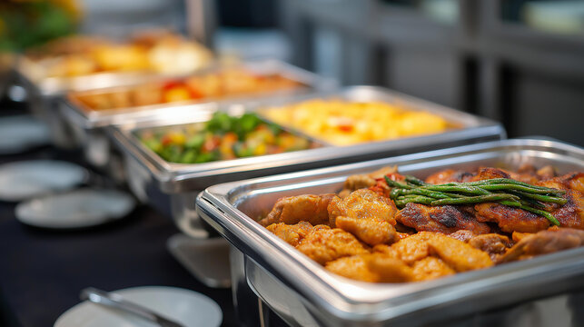 Buffet style dinner setup with multiple food stations buffet dining self serve meal casual entertaining food variety party buffet diverse options informal dining with copy