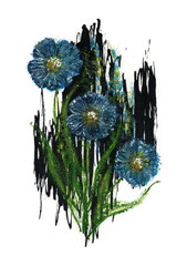 An artistic composition with blue flowers, created using mixed media. Thick brushstrokes of blue and turquoise paint form the petals, while green lines create the stems and leaves. 