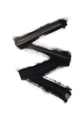An abstract brushstroke of black paint on a white background. Three strong, wide lines form a zigzag shape, reminiscent of the letter "Z" or lightning. 
