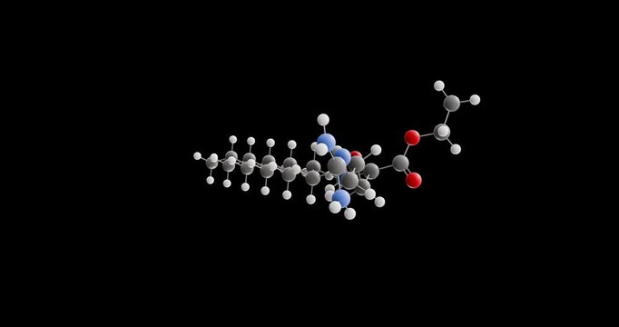 Ethyl lauroyl arginate molecule, rotating 3D model of e243, looped video on a black background
