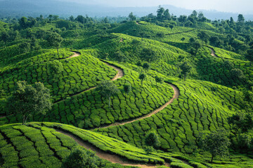 Fototapeta premium Aerial Perspective of Lush Green Tea Terraces in Bloom
