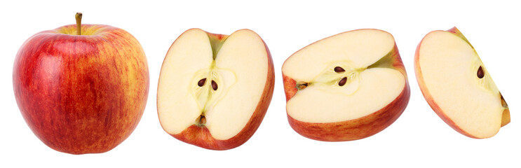 red apple (Envy Apple), half and slices isolated, fresh red apple, transparent PNG, PNG format