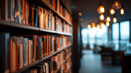 Cozy library background with blurred shelves and soft lighting, perfect for creative projects, featuring vintage books and a warm ambiance.