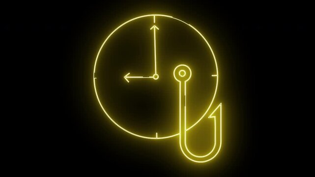 Neon yellow clock with a fishhook for a hand on a black background