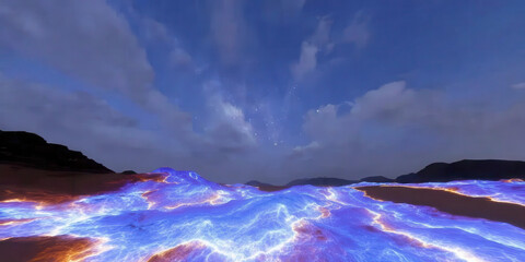 Naklejka premium Glowing neon desert dunes with fractal patterns and electric blue orange veins under twilight sky expressing surreal wonder