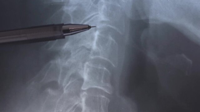 Side X-ray scan with displacement of intervertebral discs and herniation in the cervical spine.