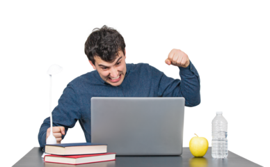 Mad young man seated at the working desk punching his laptop screen. Hard learning, overworked male looking furious and aggressive as hits his computer, isolated portrait on transparent background