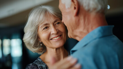 Elderly couple dancing together at home senior romance mature love active aging couple bonding joyful seniors romantic moment lifelong partnership with copy space