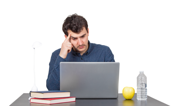 Puzzled young man seated at the working desk looking pensive in his laptop. Hard thinking, fatigue male isolated portrait on transparent background