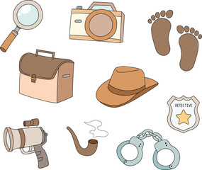 detective doodle vector isolated collection set. Hand drawn of police and detective equipment like handcuff, camera, footprint, badge, for asset, design, material