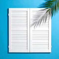 White shutters on blue backdrop with a palm leaf