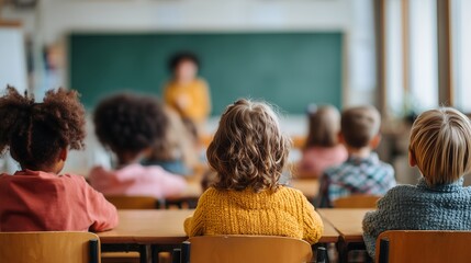 Diverse elementary school students attentive in classroom with teacher by the chalkboard. Concept for educational programs, school marketing, and children's development portrayal