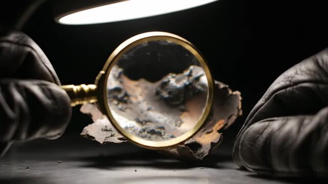 A gloved hand uses a magnifying glass to inspect a piece of shrapnel.