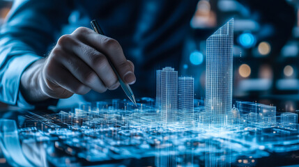 An architect brings architectural designs to life with 3D holographic construction models. The concept of innovation in architecture and futuristic design. Generative Ai.