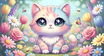 Fototapeta premium Cute pastel kitten in a flower garden with butterflies