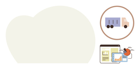 Cloud backdrop, delivery truck in a circle, analytics with charts on screens and documents. Ideal for logistics, shipping, data analysis, cloud computing, business strategy, supply chain technology