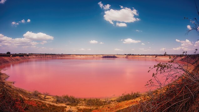 A meteorite-formed lake ages 50,000 years exhibits a striking pink hue, close-up focus.
