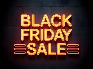 Black friday sale neon sign with glowing orange letters on a dark brick wall, representing a major retail shopping event and special discount promotion