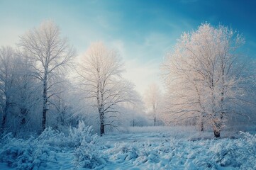 Frosty morning scene with chilly atmosphere, sky and natural trees in winter landscape