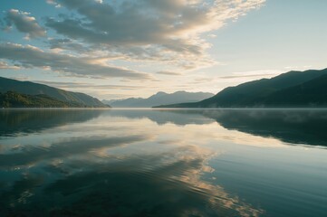 Sunrise over a tranquil mountain lake with mirrored water and serene hills