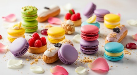 Assortment of colorful macarons and pastry on bright surface with rose petals and sprinkles, concept for dessert presentation, sweet treats promotion and confectionery marketing