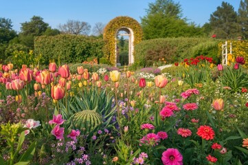 Vibrant garden with diverse flowers including tulips and hibiscus