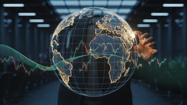 Futuristic digital globe with glowing continents and data streams representing global connectivity and technology in a modern server room